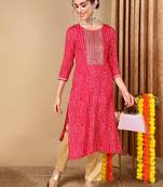 women pink viscose rayon bandhani embroidered straight kurta