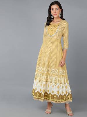 women yellow cotton blend ethnic motifs embroidered anarkali kurta 1