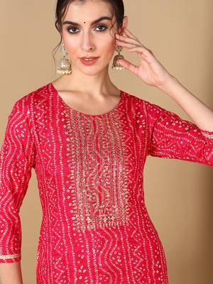 women pink viscose rayon bandhani embroidered straight kurta 2