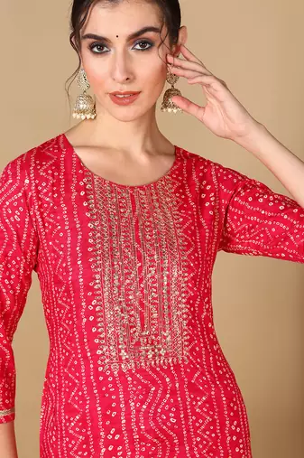 women pink viscose rayon bandhani embroidered straight kurta
