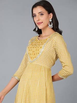 women yellow cotton blend ethnic motifs embroidered anarkali kurta 2
