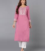 women pink viscose rayon solid embroidered straight kurta
