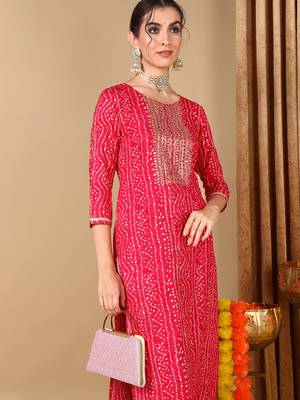 women pink viscose rayon bandhani embroidered straight kurta 3