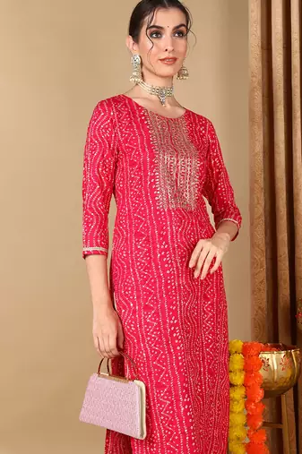 women pink viscose rayon bandhani embroidered straight kurta