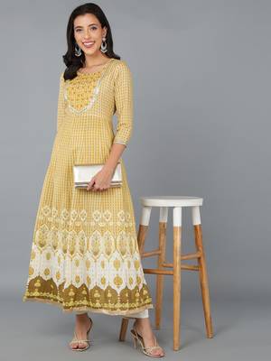 women yellow cotton blend ethnic motifs embroidered anarkali kurta 5