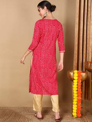 women pink viscose rayon bandhani embroidered straight kurta 4