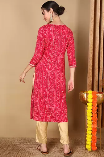 women pink viscose rayon bandhani embroidered straight kurta