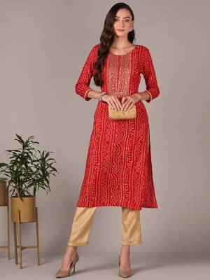 women red viscose rayon bandhani embroidered straight kurta 1
