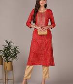 women red viscose rayon bandhani embroidered straight kurta