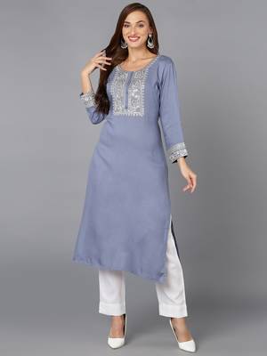 women blue viscose rayon solid embroidered straight kurta 1