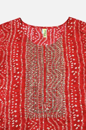 women red viscose rayon bandhani embroidered straight kurta