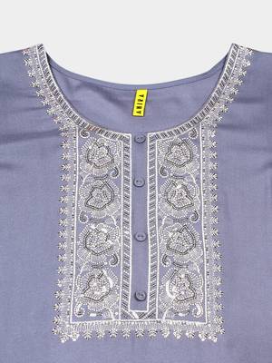 women blue viscose rayon solid embroidered straight kurta 2