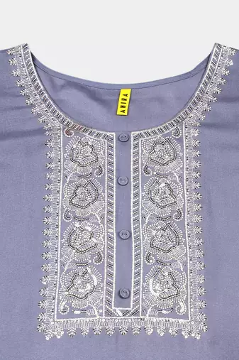 women blue viscose rayon solid embroidered straight kurta