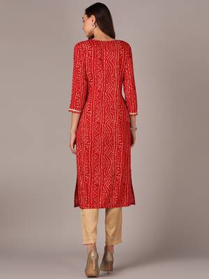 women red viscose rayon bandhani embroidered straight kurta 3
