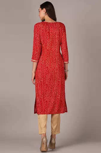 women red viscose rayon bandhani embroidered straight kurta