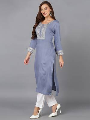 women blue viscose rayon solid embroidered straight kurta 3