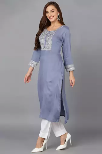 women blue viscose rayon solid embroidered straight kurta
