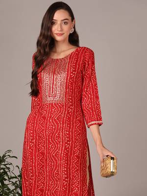 women red viscose rayon bandhani embroidered straight kurta 4