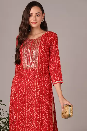 women red viscose rayon bandhani embroidered straight kurta