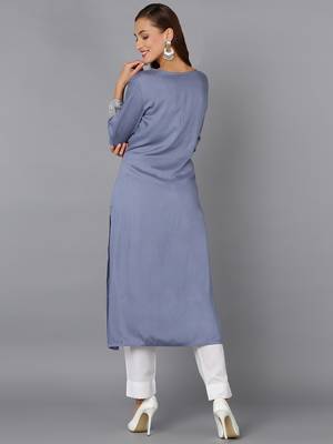 women blue viscose rayon solid embroidered straight kurta 4