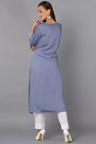 women blue viscose rayon solid embroidered straight kurta