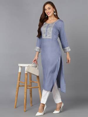women blue viscose rayon solid embroidered straight kurta 5