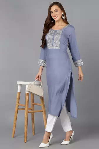 women blue viscose rayon solid embroidered straight kurta