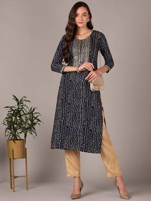 women navy blue viscose rayon bandhani embroidered straight kurta 1