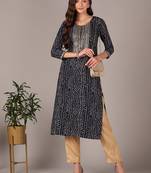 women navy blue viscose rayon bandhani embroidered straight kurta