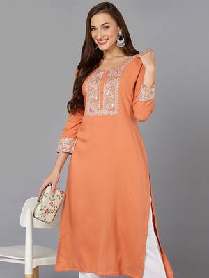 women coral viscose rayon solid embroidered straight kurta 1
