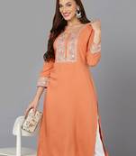 women coral viscose rayon solid embroidered straight kurta