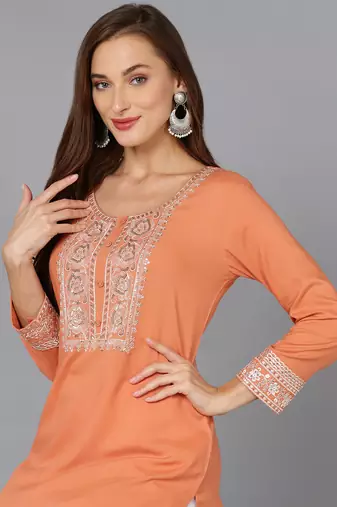 women coral viscose rayon solid embroidered straight kurta