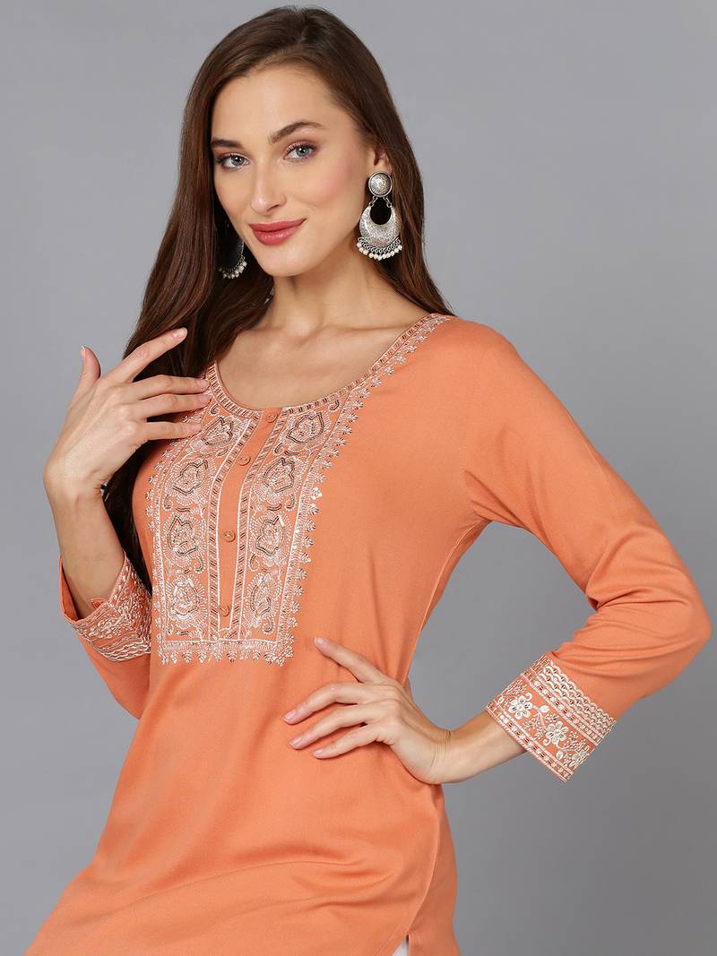 women coral viscose rayon solid embroidered straight kurta