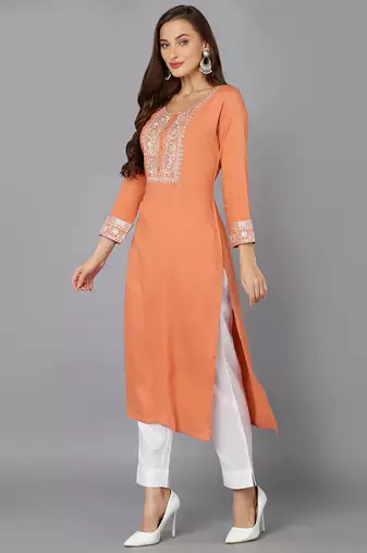women coral viscose rayon solid embroidered straight kurta