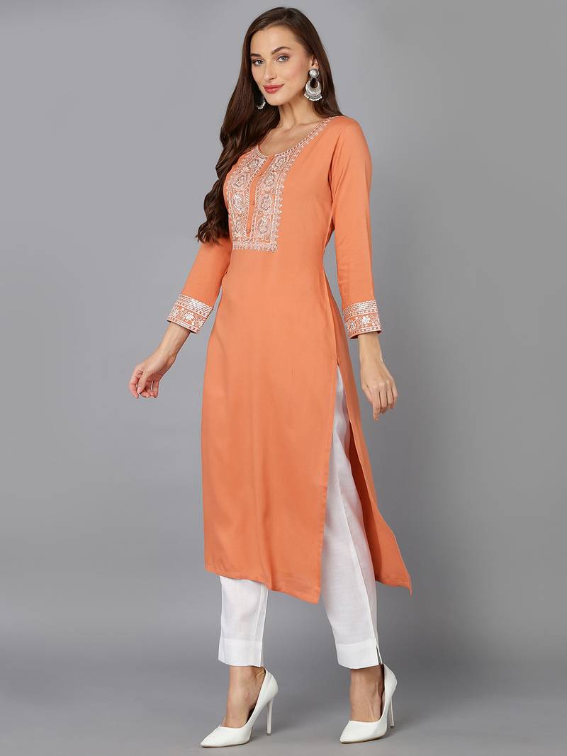 women coral viscose rayon solid embroidered straight kurta