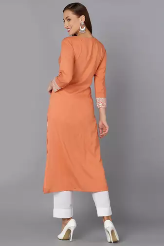 women coral viscose rayon solid embroidered straight kurta