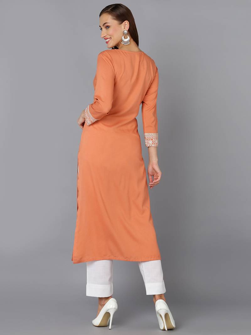 women coral viscose rayon solid embroidered straight kurta