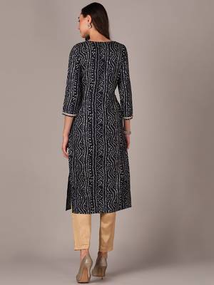 women navy blue viscose rayon bandhani embroidered straight kurta 3