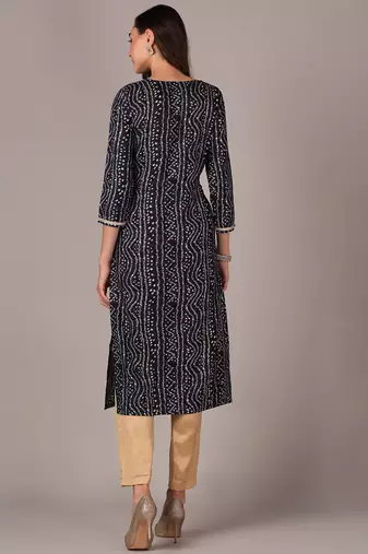 women navy blue viscose rayon bandhani embroidered straight kurta