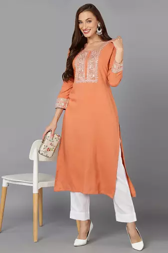 women coral viscose rayon solid embroidered straight kurta