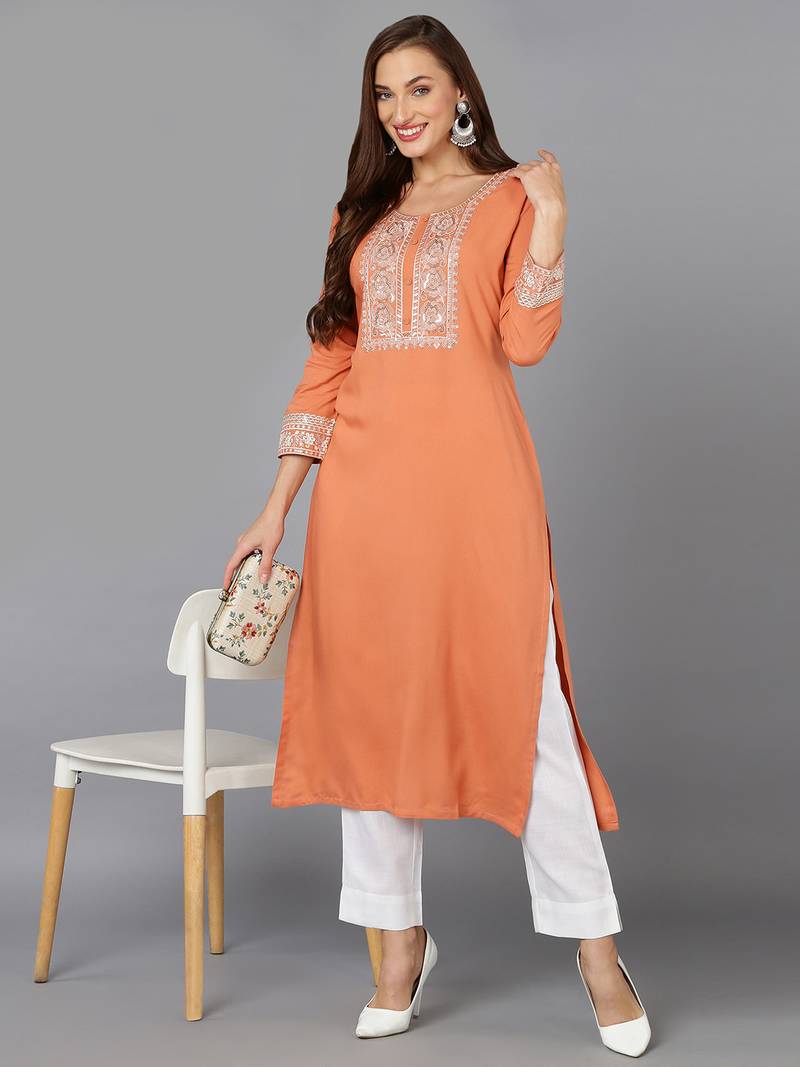 women coral viscose rayon solid embroidered straight kurta
