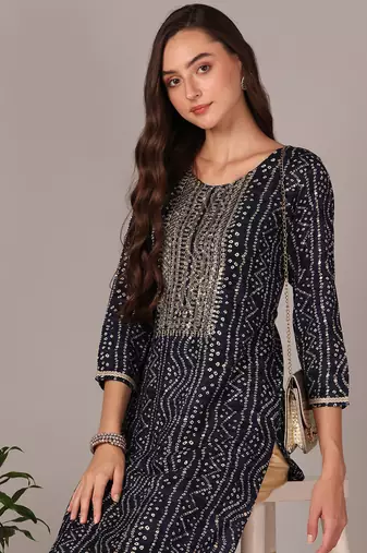 women navy blue viscose rayon bandhani embroidered straight kurta
