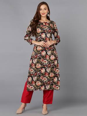 women black cotton blend floral printed straight kurta 1