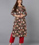 women black cotton blend floral printed straight kurta