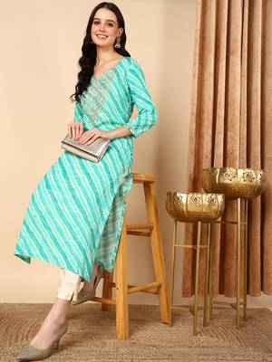women sea green viscose rayon leheriya embroidered straight kurta 1