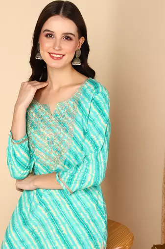 women sea green viscose rayon leheriya embroidered straight kurta