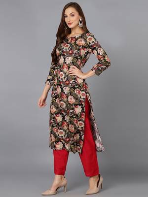 women black cotton blend floral printed straight kurta 3