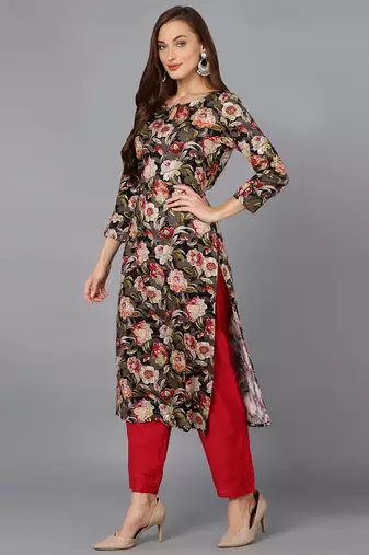 women black cotton blend floral printed straight kurta
