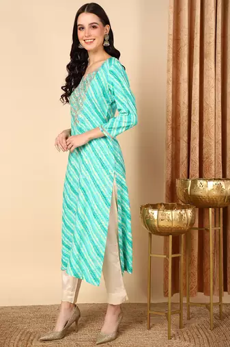 women sea green viscose rayon leheriya embroidered straight kurta