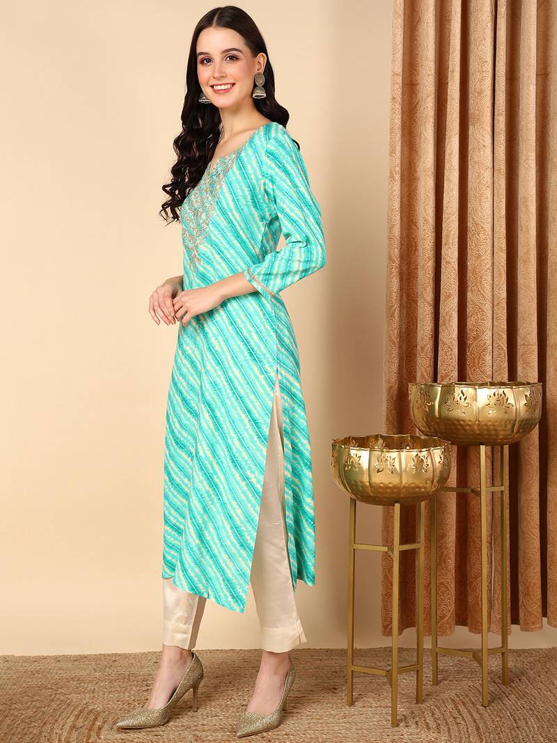 women sea green viscose rayon leheriya embroidered straight kurta